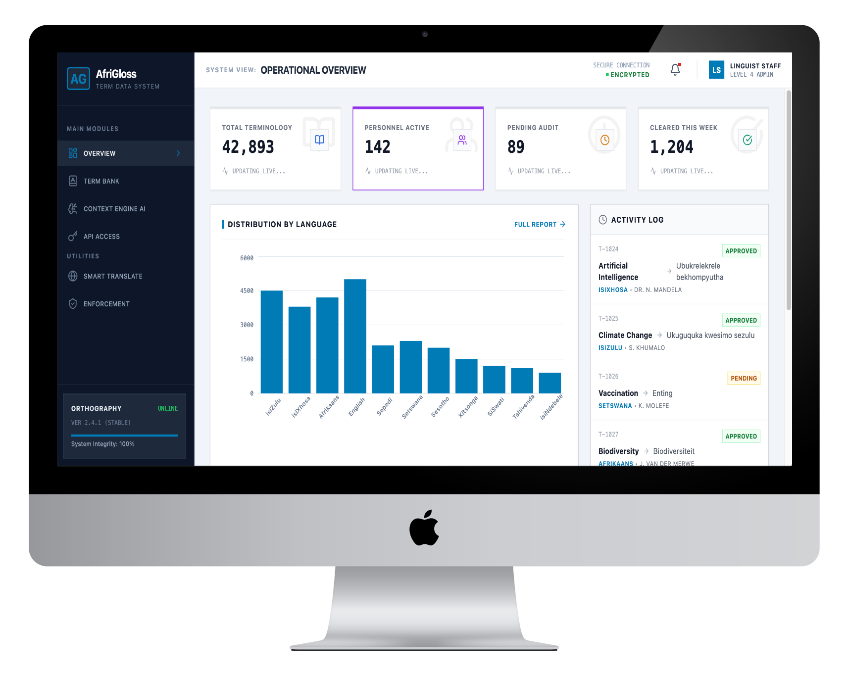 AfriGloss Dashboard and Mobile App Ecosystem showing terminology management across multiple South African languages